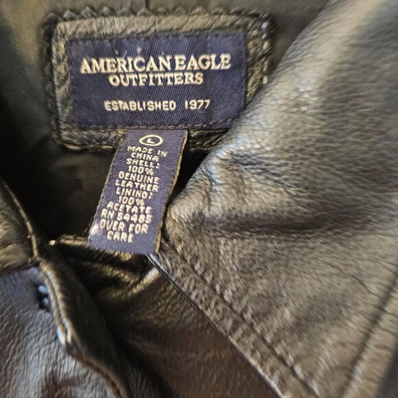 American Eagle Outfitters -  Long Black Leather Coat - Buttons Up - Lined  -Sz L - Picture 2 of 9